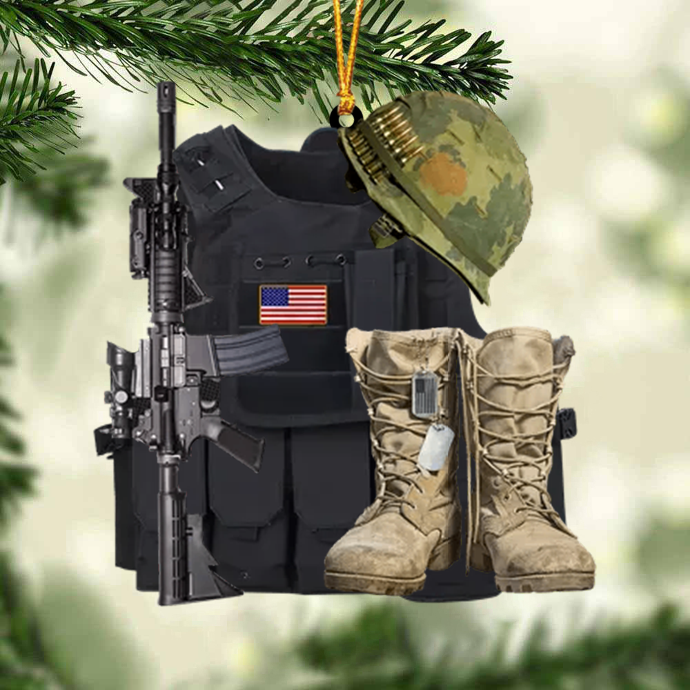 Personalized Veteran Bullet Proof Vest And Boots Acrylic Ornament, Custom Christmas Ornament Gifts For Veteran