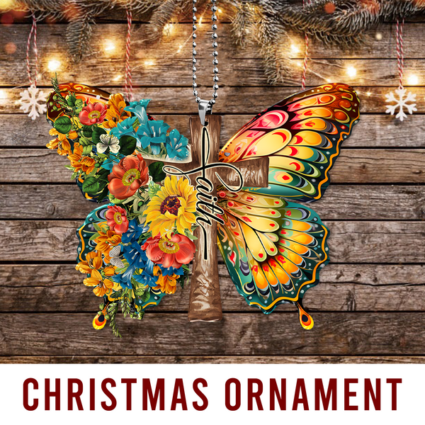 Flowers Butterfly Faith Cross Christian Acrylic Ornament, Perfect Christmas Gift For Family, Friend