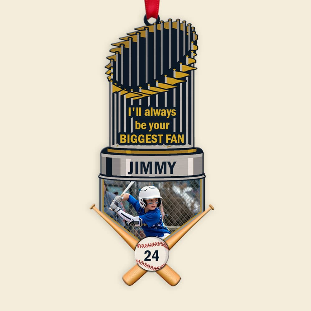 Custom Photo Baseball Trophy Acrylic Ornament I'll Always Be Your Biggest Fan, Christmas Ornament Gift For Son, Grandson