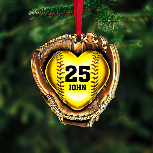 Personalized Baseball Gloves Golden Heart Acrylic Ornament,  Custom Christmas Ornament Gift For Son, Daughter, Grandson