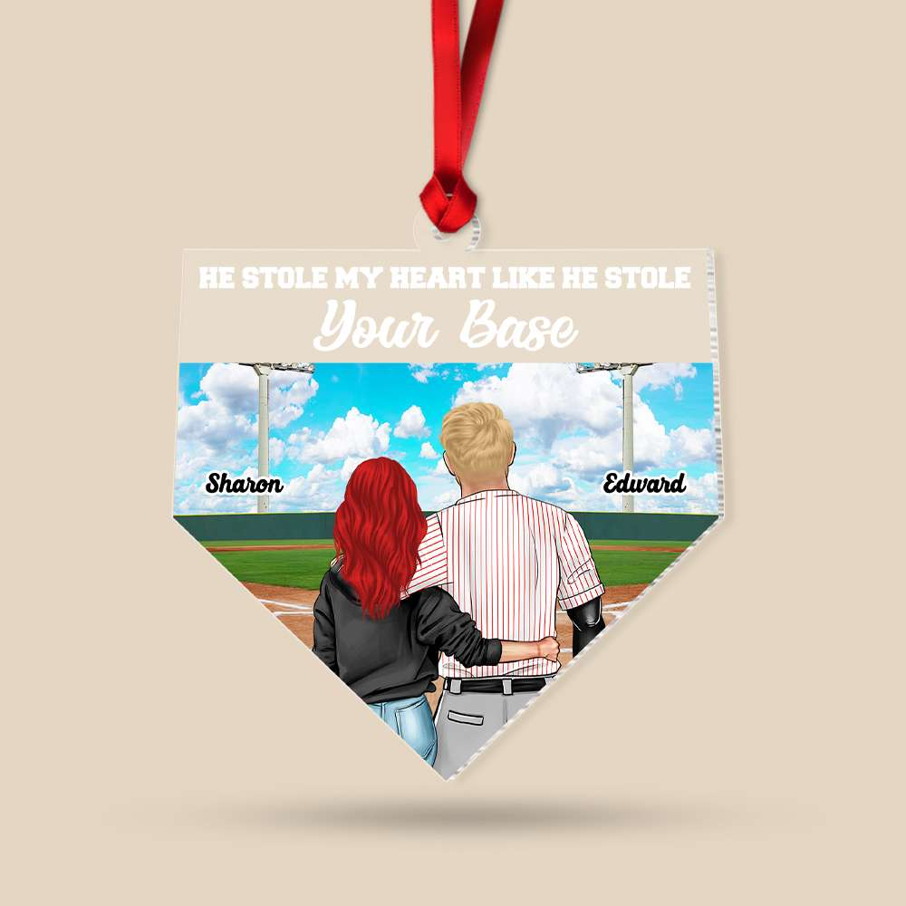 Personalized Baseball Couple Acrylic Ornament He Stole My Heart, Custom Christmas Ornament Gifts For Couple