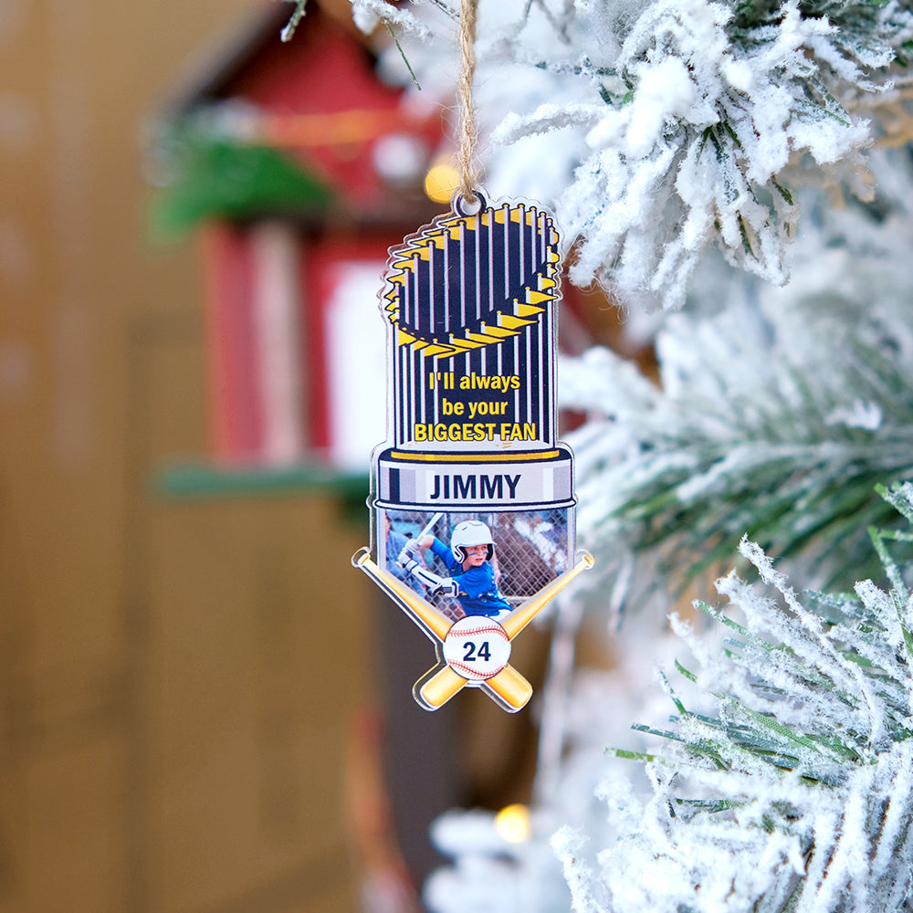 Custom Photo Baseball Trophy Acrylic Ornament I'll Always Be Your Biggest Fan, Christmas Ornament Gift For Son, Grandson