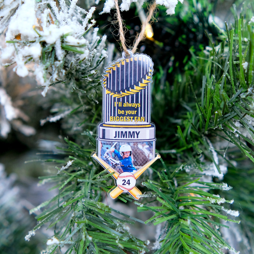 Custom Photo Baseball Trophy Acrylic Ornament I'll Always Be Your Biggest Fan, Christmas Ornament Gift For Son, Grandson