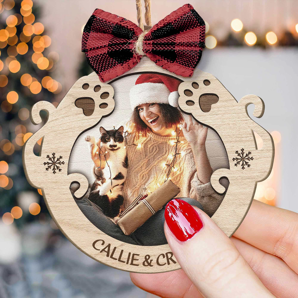 Custom Cat Lovers Photo Double Layered Wood Ornament, Meaningful Gift For Cat Mom Dad Sister Family