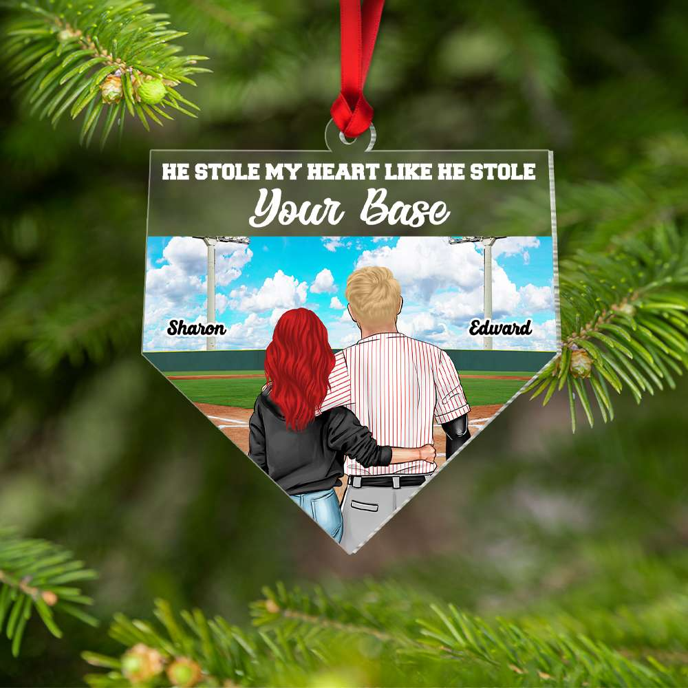Personalized Baseball Couple Acrylic Ornament He Stole My Heart, Custom Christmas Ornament Gifts For Couple