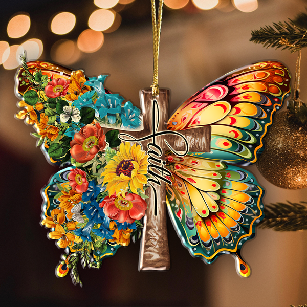 Flowers Butterfly Faith Cross Christian Acrylic Ornament, Perfect Christmas Gift For Family, Friend