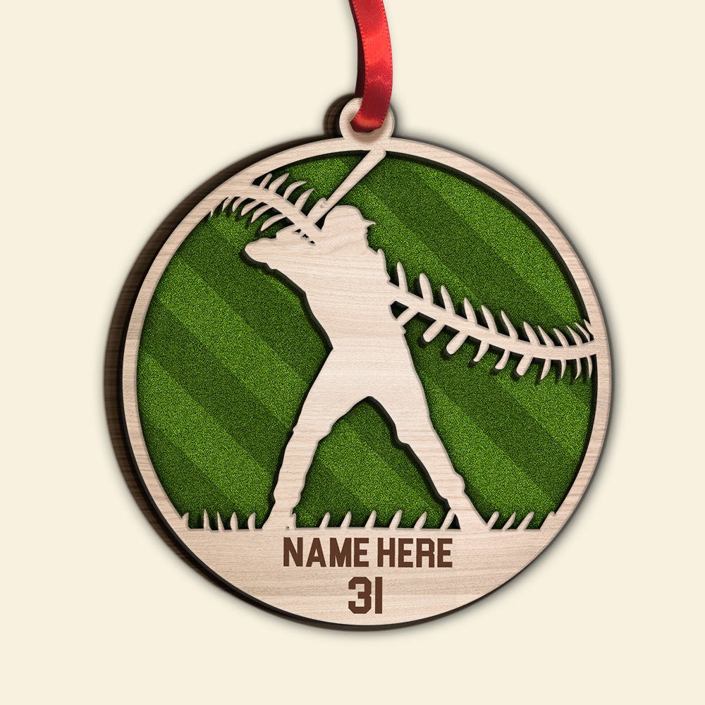 Personalized Baseball Player In Action Double Layered Wood Ornament, Custom Christmas Ornament Gift For Son, Daughter