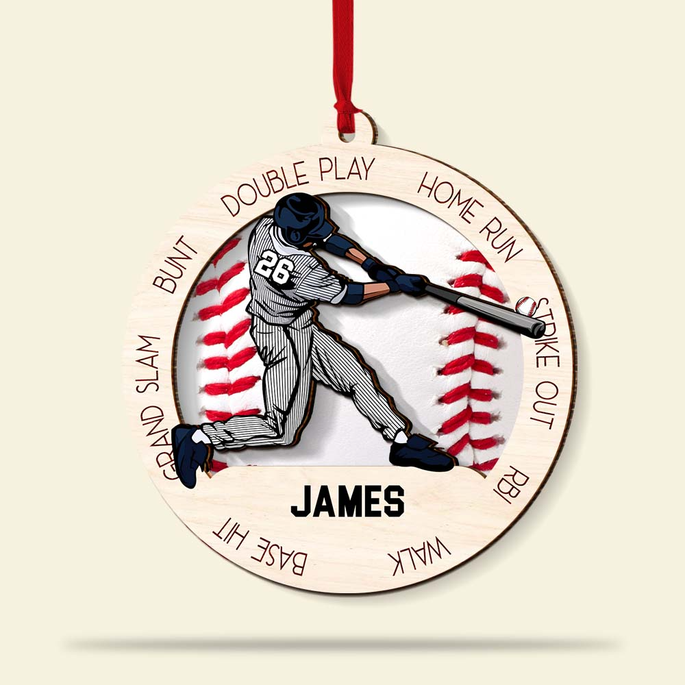 Personalized Baseball Man Player Pose Double Layered Wood Ornament, Custom Christmas Ornament Gifts For Baseball Player