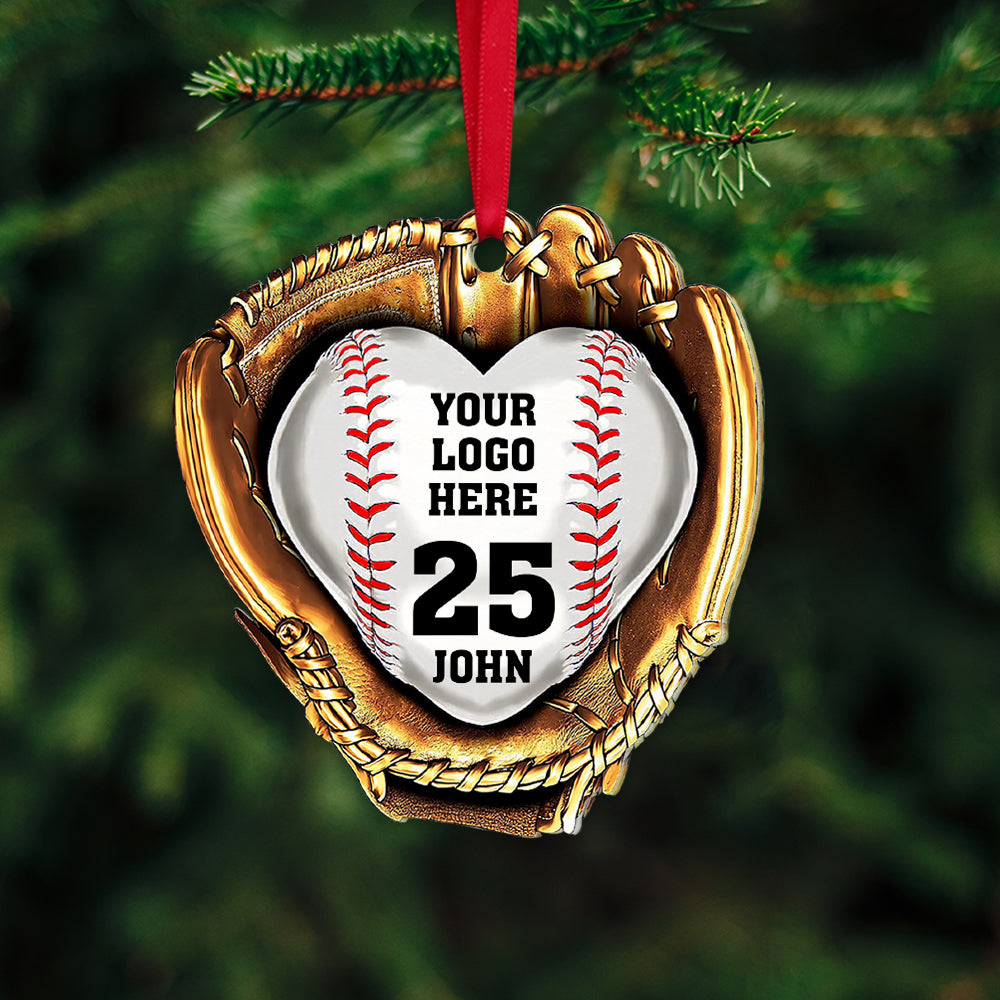 Personalized Baseball Gloves Golden Heart Custom Logo Acrylic Ornament, Custom Christmas Ornament Gift For Son, Daughter