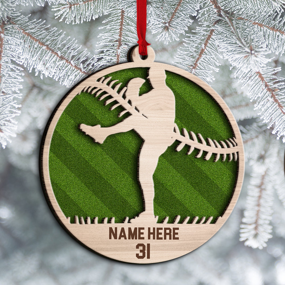 Personalized Baseball Player In Action Double Layered Wood Ornament, Custom Christmas Ornament Gift For Son, Daughter