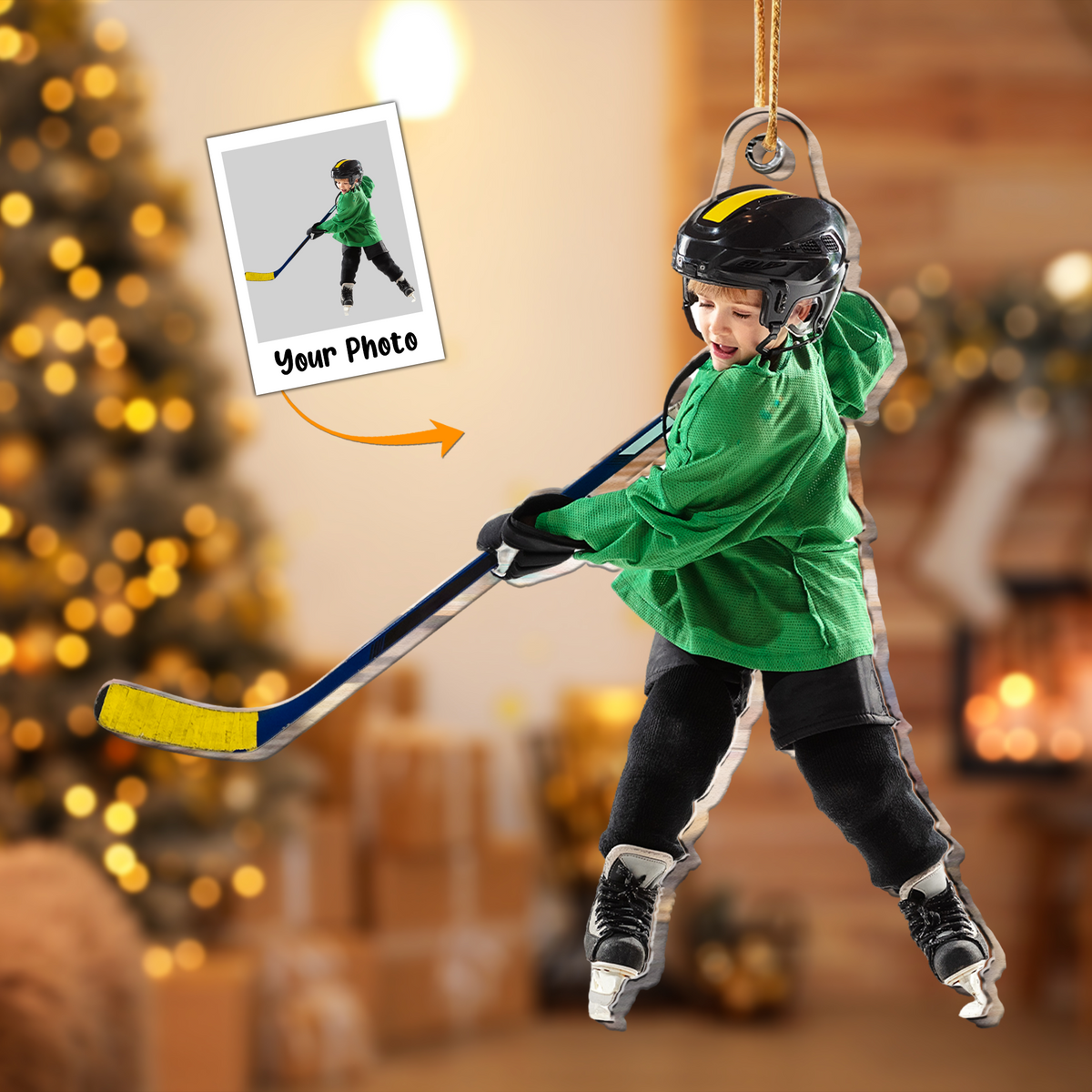 Custom Kid Ice Hockey Player Moment Photo Acrylic Ornament, Christmas Gift For Son, Daughter, Grandson, Granddaughter