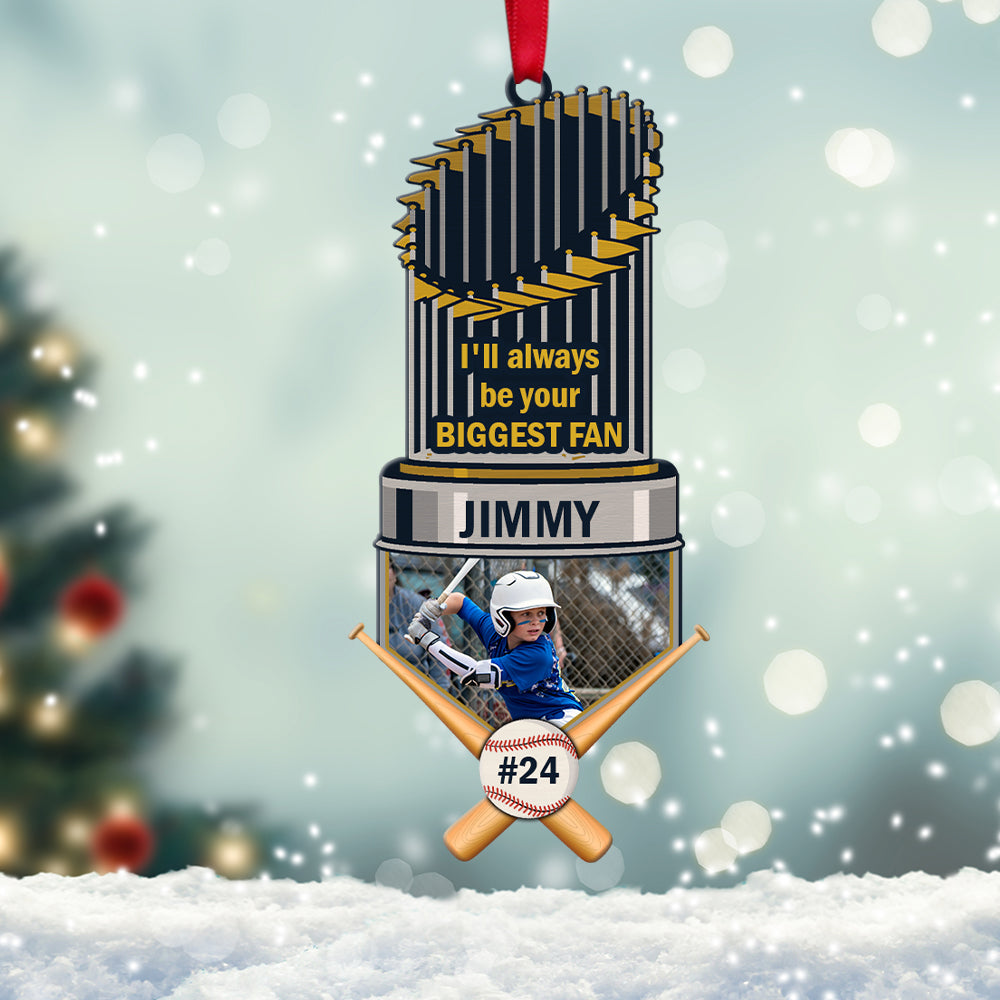Custom Photo Baseball Trophy Acrylic Ornament I'll Always Be Your Biggest Fan, Christmas Ornament Gift For Son, Grandson