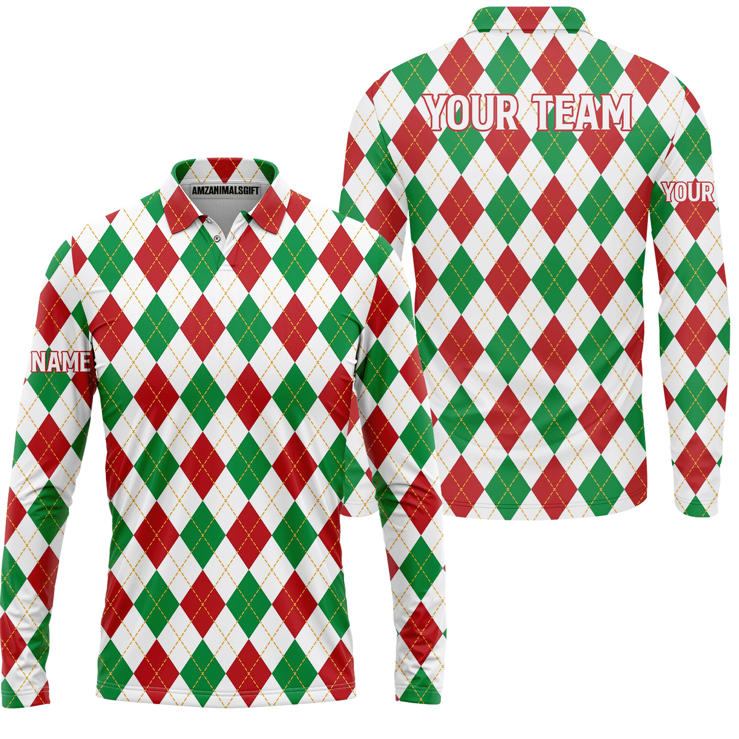 Christmas Plaid Argyle Pattern Golf Long Sleeve Polo Shirt New- Custom Name Apparel - Personalized Gift For Golf Lover, Team