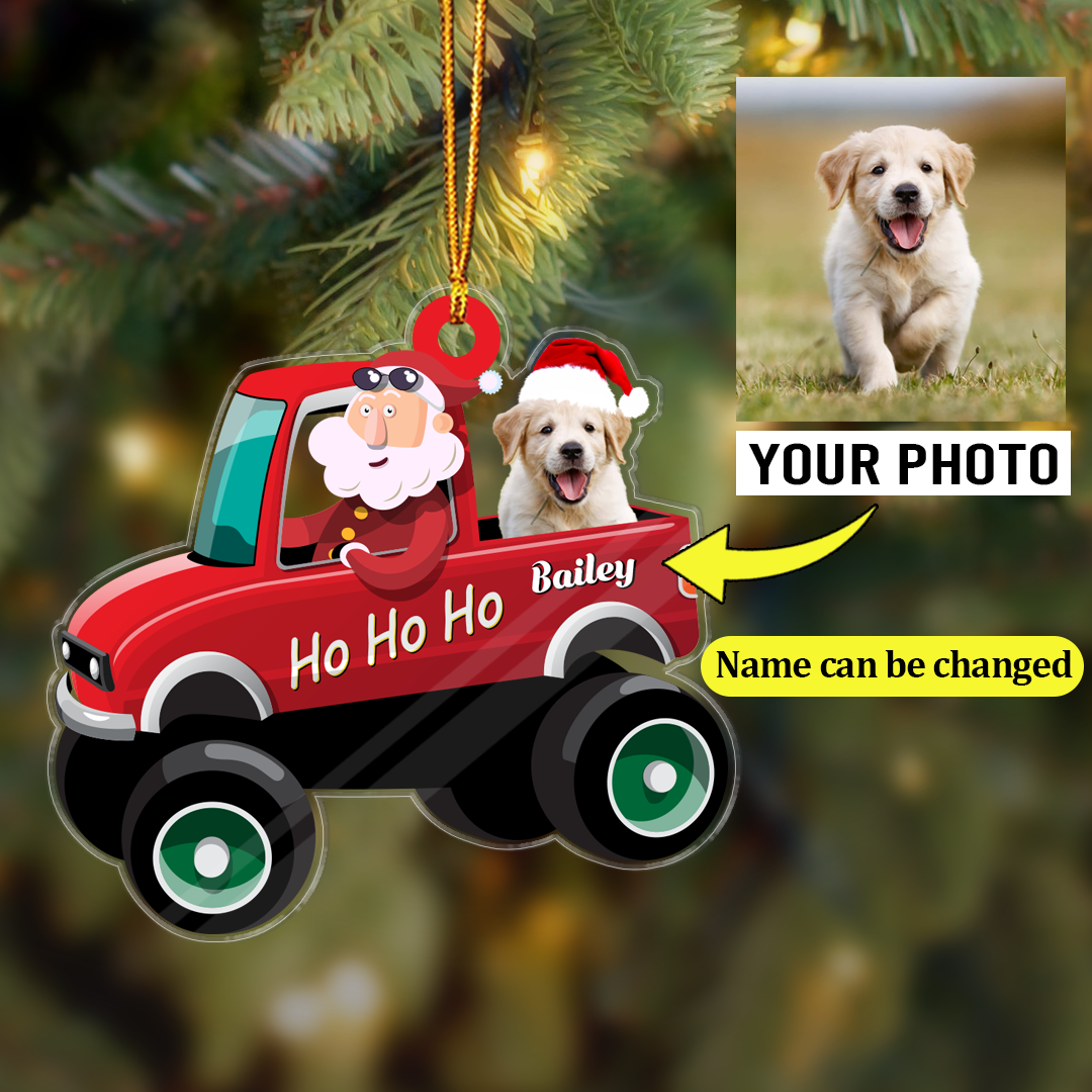 Personalized Dog And Santa On Red Truck Acrylic Ornament, Meaningful Christmas Gift For Dog Mom Dad