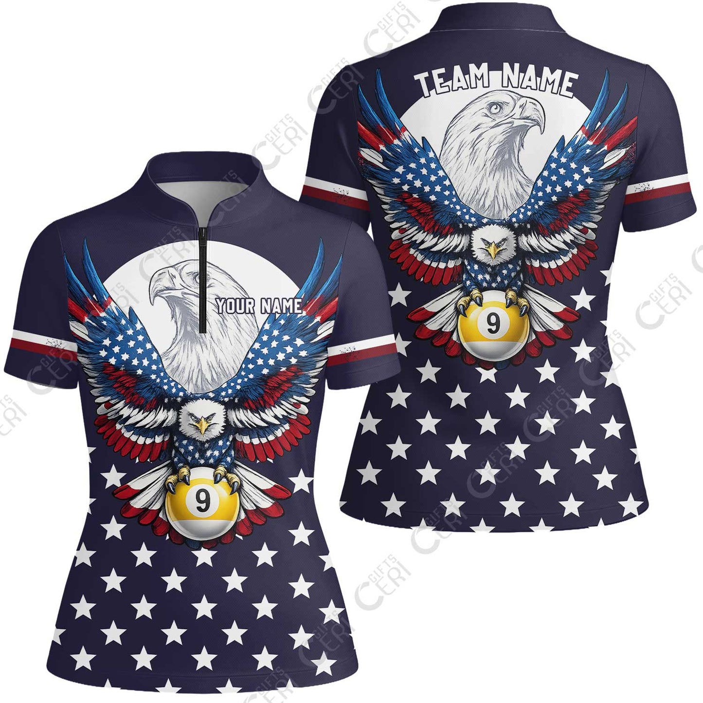 Customized 9 Ball Pool Stand Collar Quarter-Zip Short Sleeve Women's Shirt, American Eagle Billiards 9-Ball, Personalized Billiards Jersey