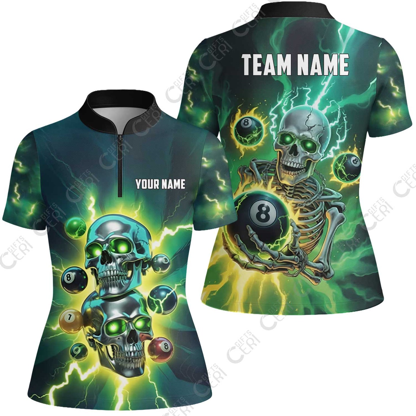 Customized 8 Ball Pool Stand Collar Quarter-Zip Short Sleeve Women's Shirt, Billiards 8-Ball Thunder Skull, Billiards Jerseys