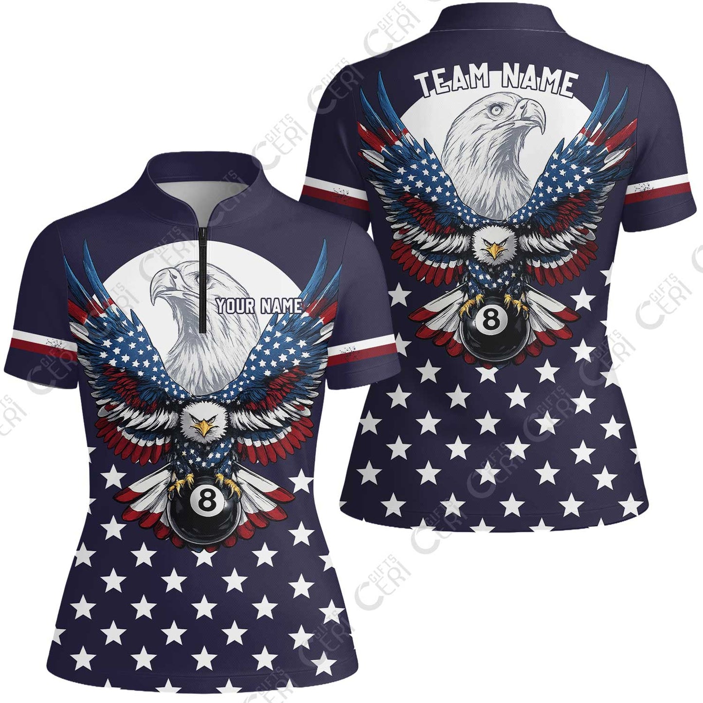 Customized 8 Ball Pool Stand Collar Quarter-Zip Short Sleeve Women's Shirt, American Eagle Billiards 8-Ball, Personalized Billiards Jersey