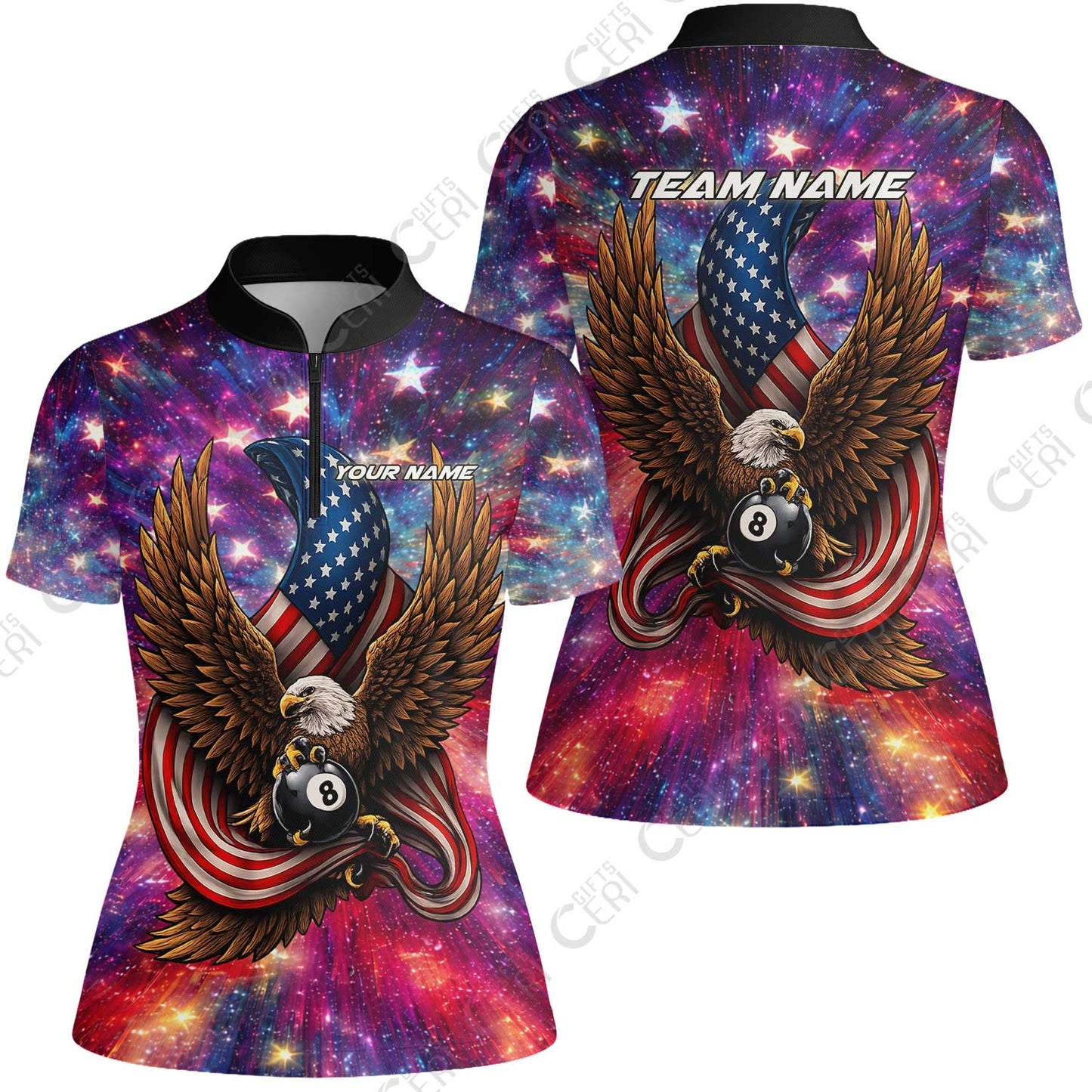 Customized 8 Ball Pool Stand Collar Quarter-Zip Short Sleeve Women's Shirt, Billiard American Flag Galactic Eagle, Billiards Jerseys