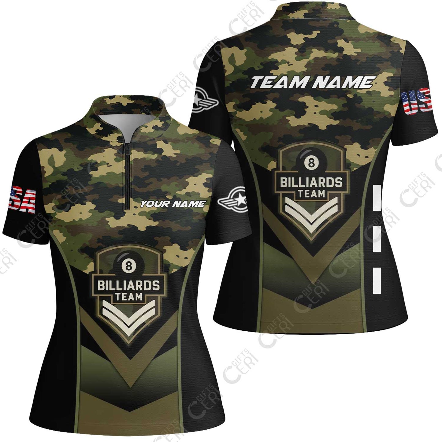 Customized 8 Ball Pool Stand Collar Quarter-Zip Short Sleeve Women's Shirt, Camo Billiards Elite Billiard 8-Ball, Billiards Jerseys