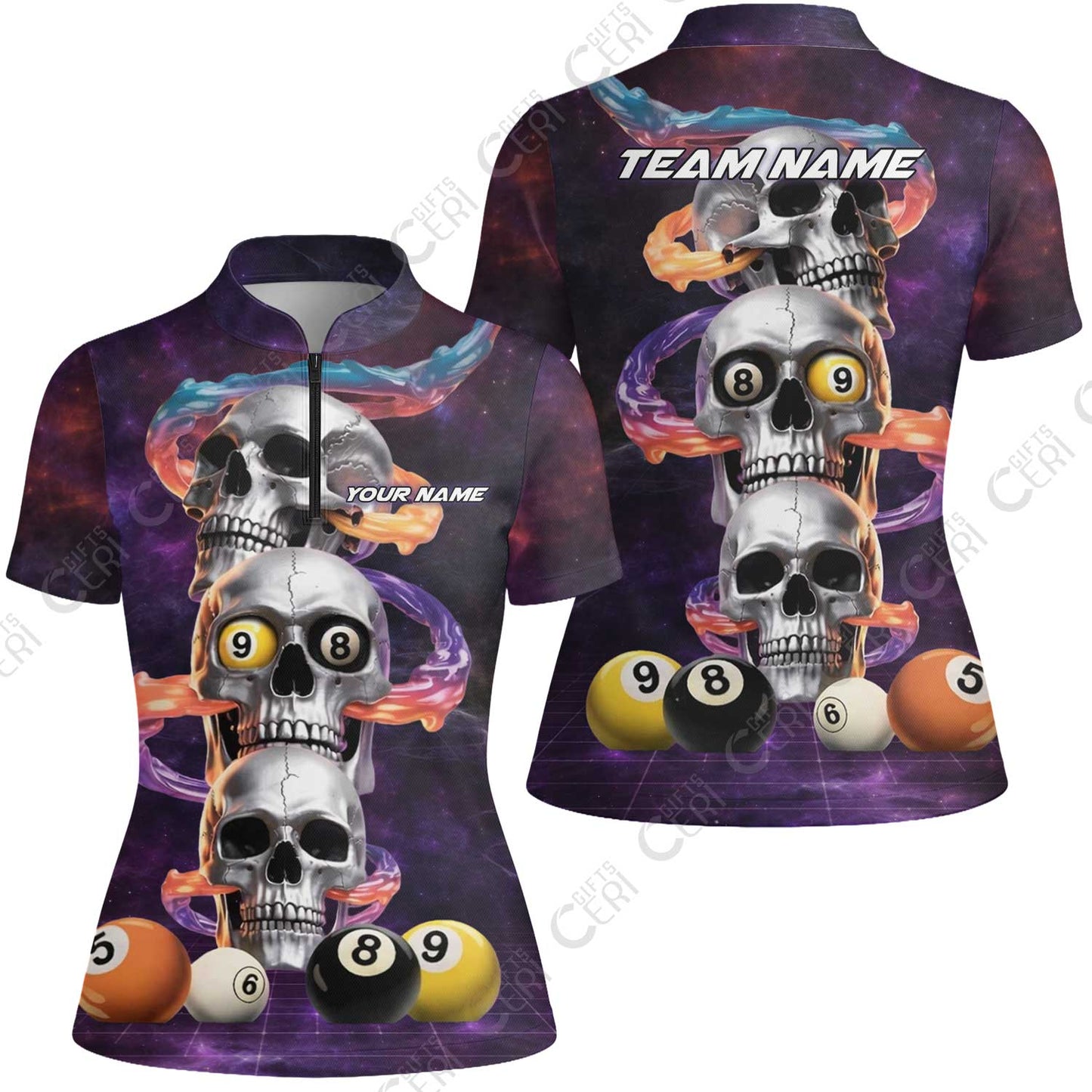 Customized 8 Ball Pool Stand Collar Quarter-Zip Short Sleeve Women's Shirt, Billiards 8-Ball Galaxy Reaper, Billiards Jerseys
