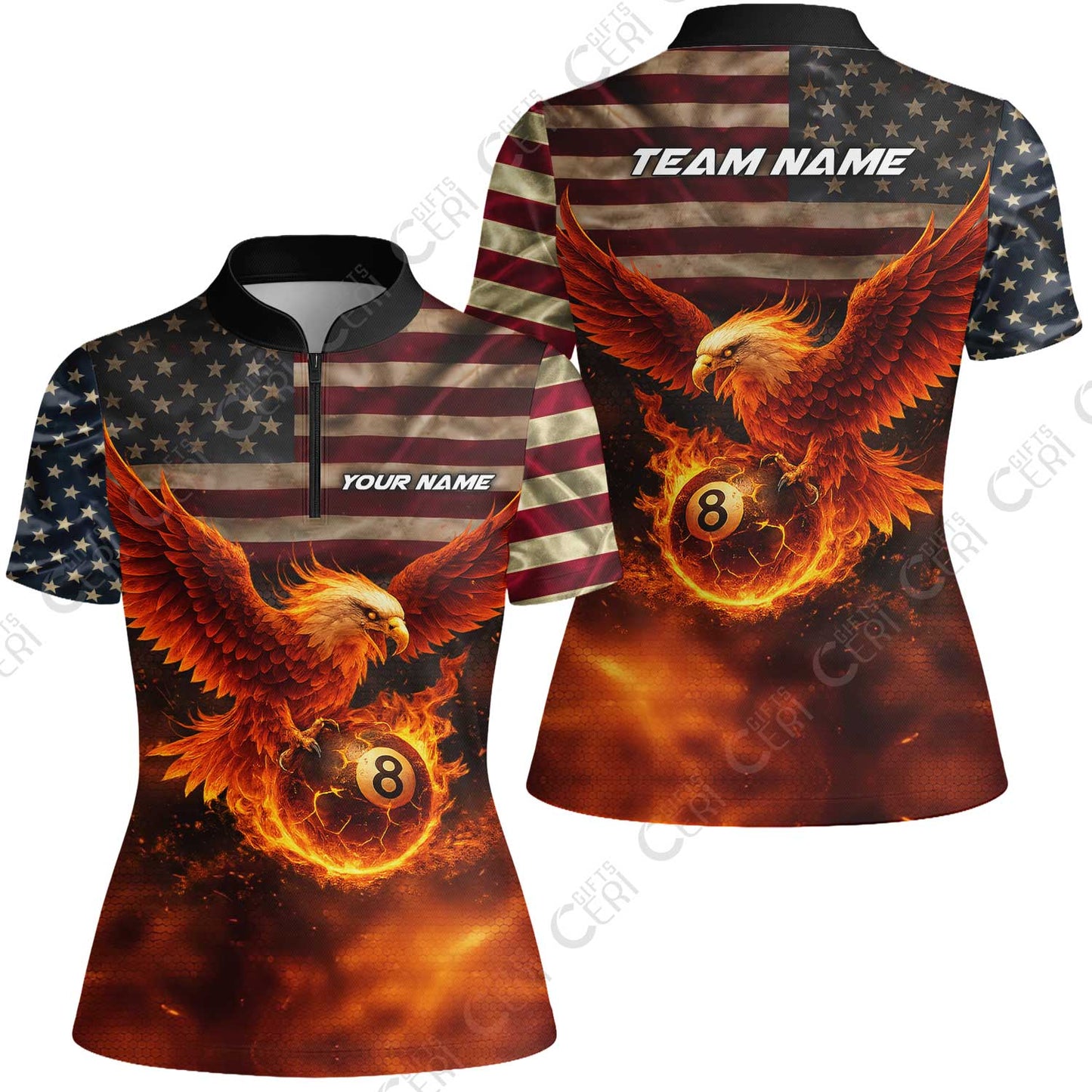 Customized 8 Ball Pool Stand Collar Quarter-Zip Short Sleeve Women's Shirt, Billiards 8-Ball American Flag Fire Eagle, Billiards Jerseys