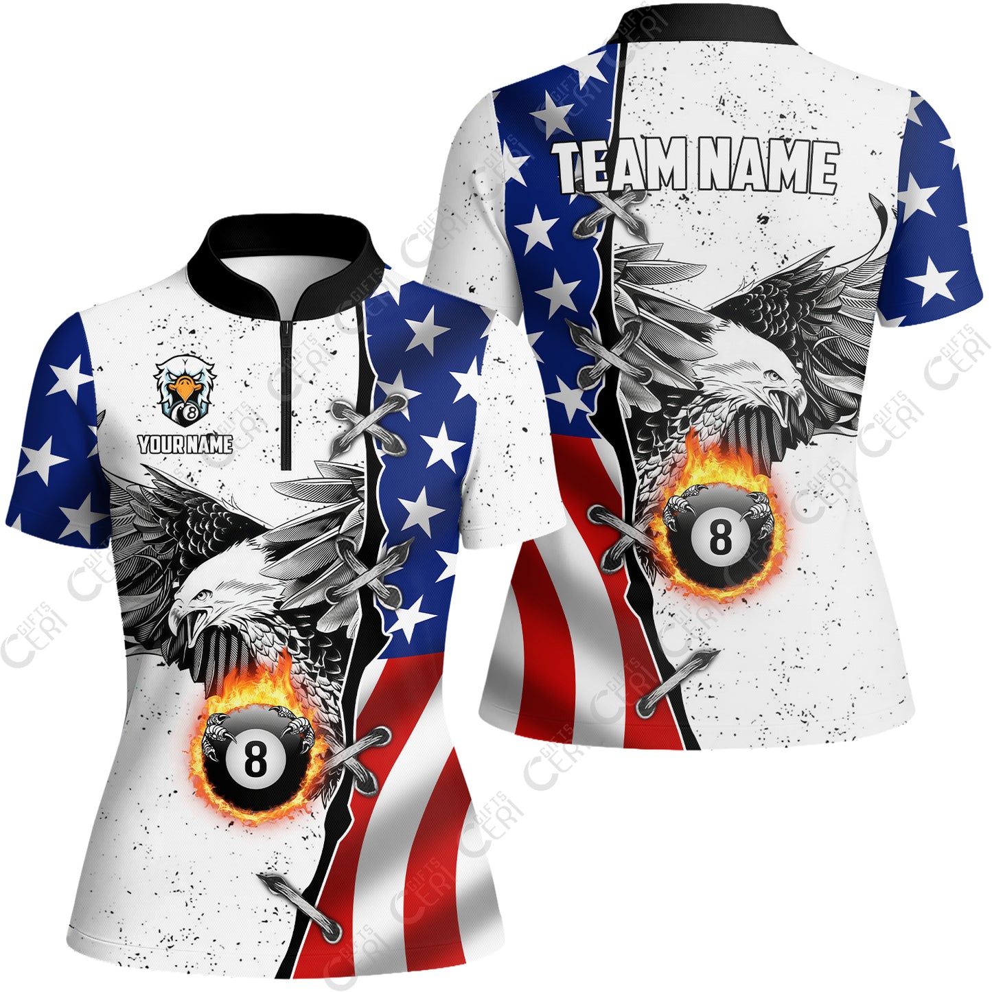 Customized Billiards Stand Collar Quarter Zip Short Sleeve Women's Shirt, US Flag White Eagle Flame Pin Dust Pattern 8 Ball