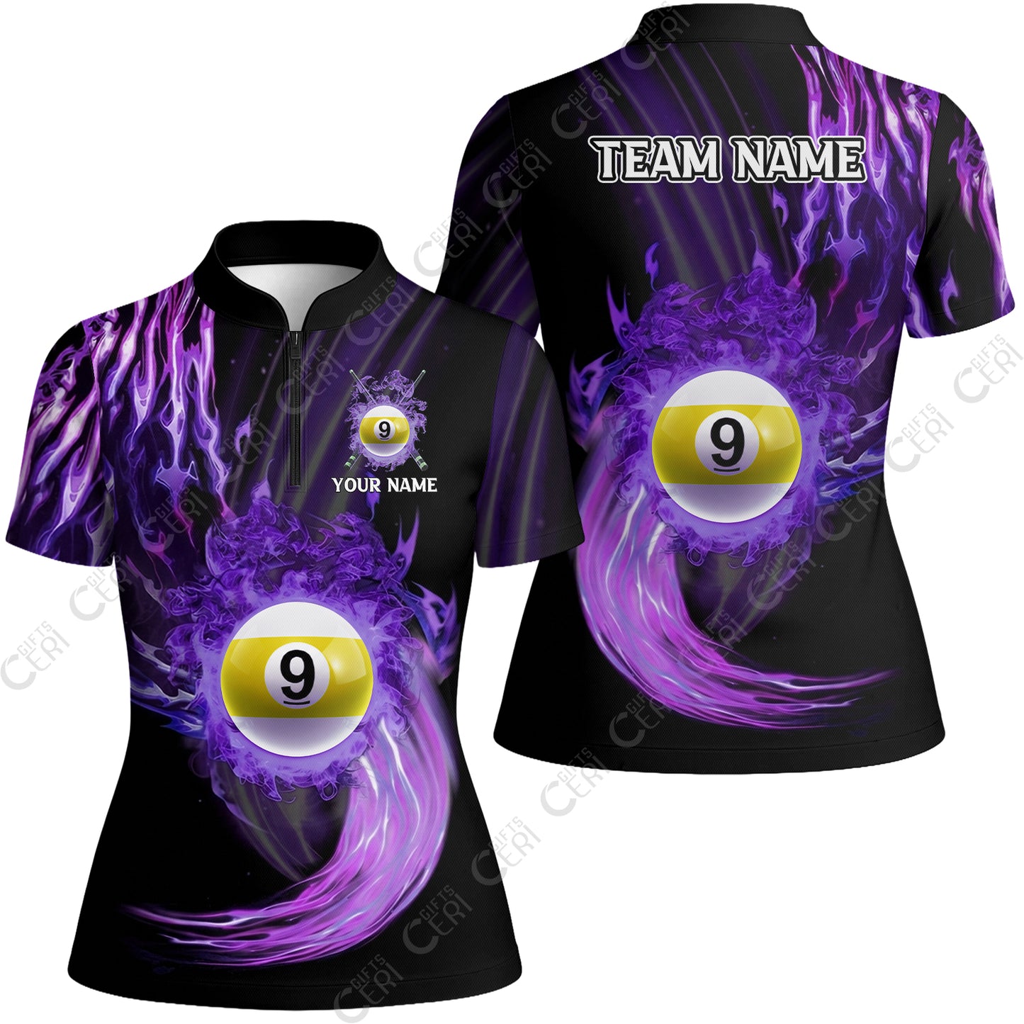 Customized 9 Ball Pool Stand Collar Quarter Zip Short Sleeve Women's Shirt, 9-Ball Swirling Fire And Glowing Smoke, Billiards Jerseys