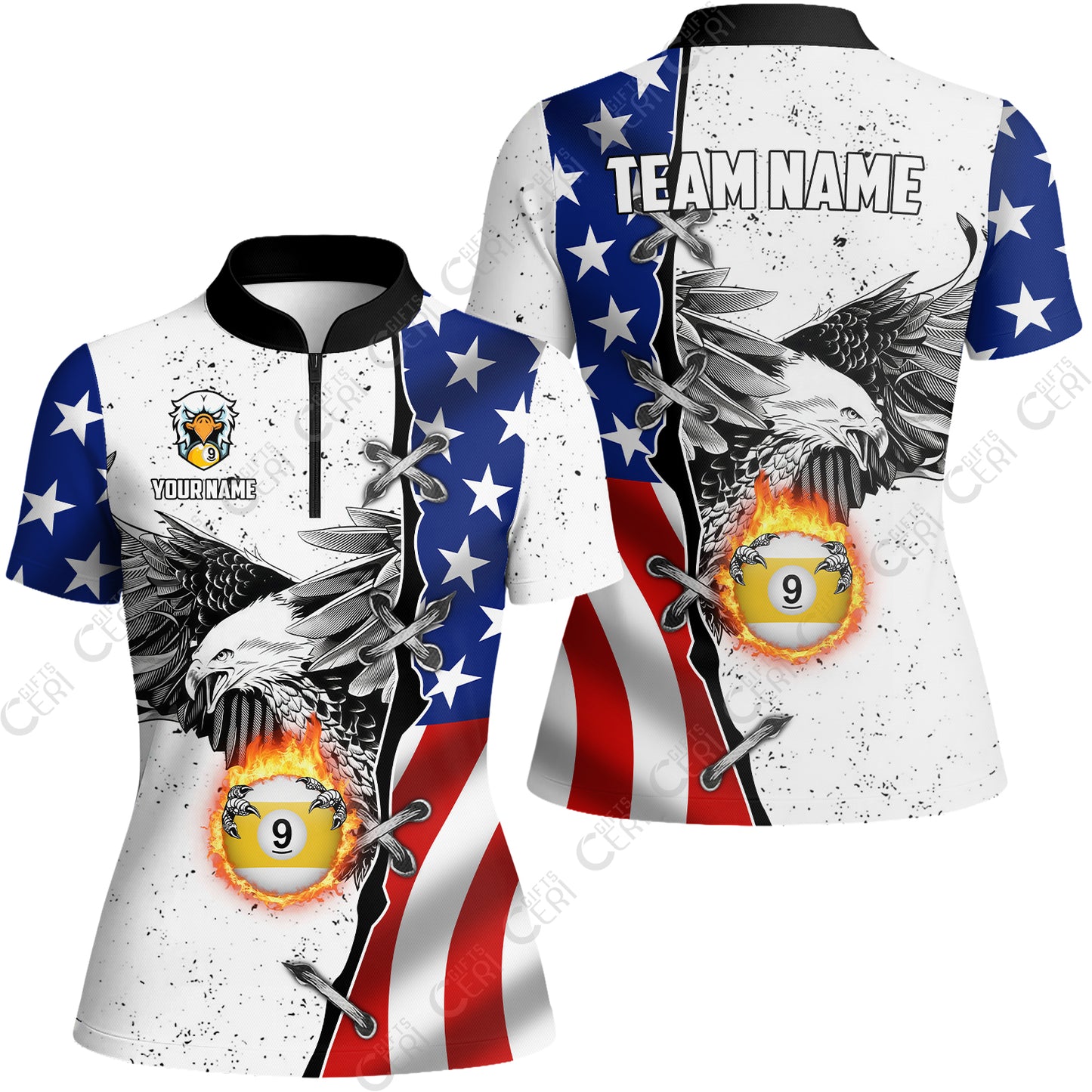 Customized Billiards Stand Collar Quarter Zip Short Sleeve Women's Shirt, US Flag White Eagle Flame Pin Dust Pattern 9 Ball
