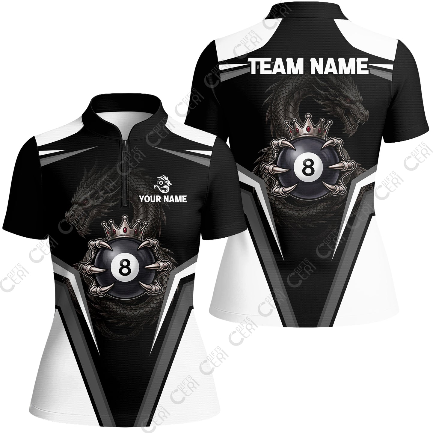 Customized 8 Ball Pool Stand Collar Quarter-Zip Short Sleeve Women's Shirt, Dragon's Holding 8-Ball, Personalized Billiards Jersey