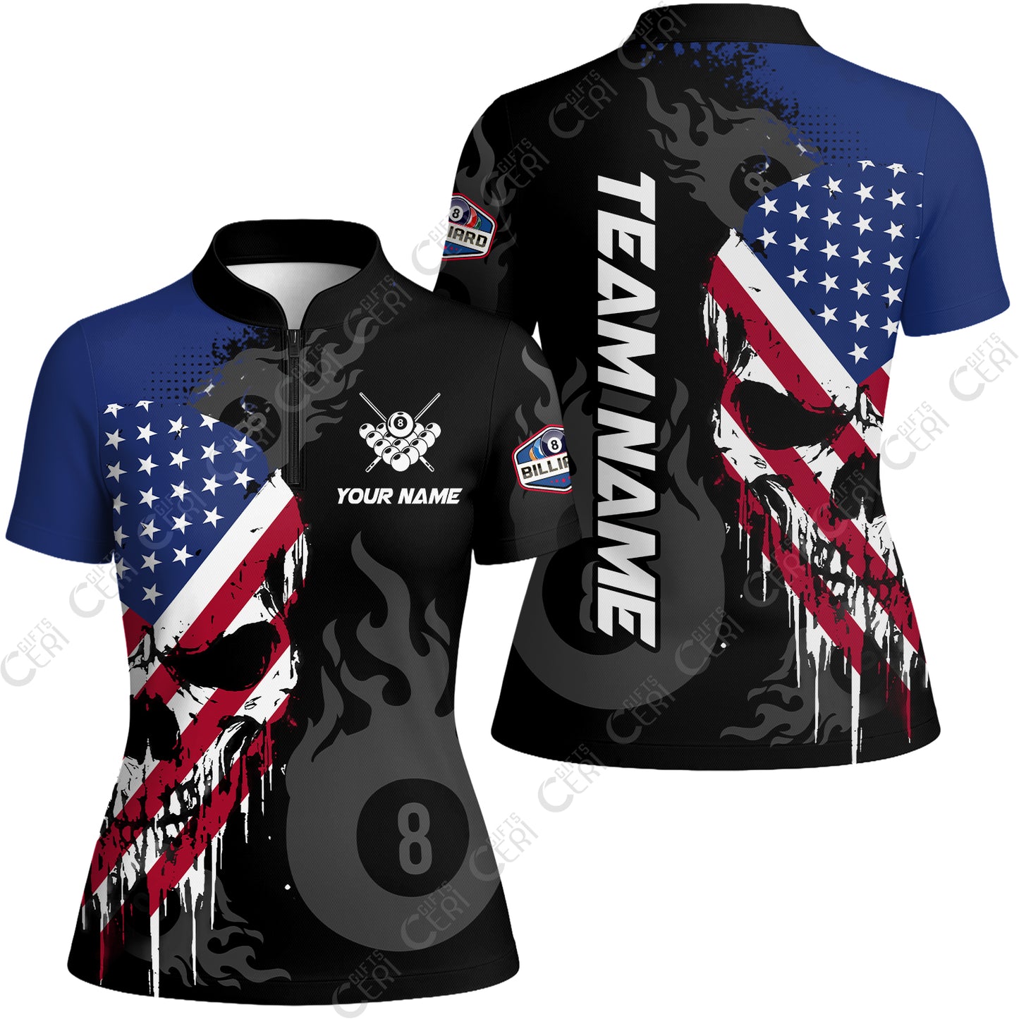 Customized 8 Ball Pool Stand Collar Quarter Zip Short Sleeve Women's Shirt, Billiards 8-Ball Flame And The Skull With American Flag