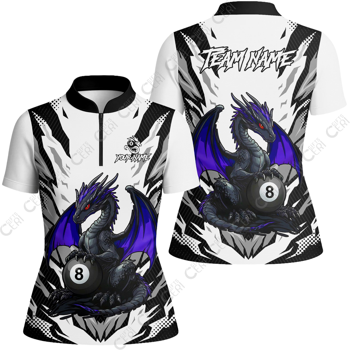 Customized Billiards Stand Collar Quarter Zip Short Sleeve Women's Shirt, Personalized Baby Dragon 8 Ball Jersey Gift For Billiard Players