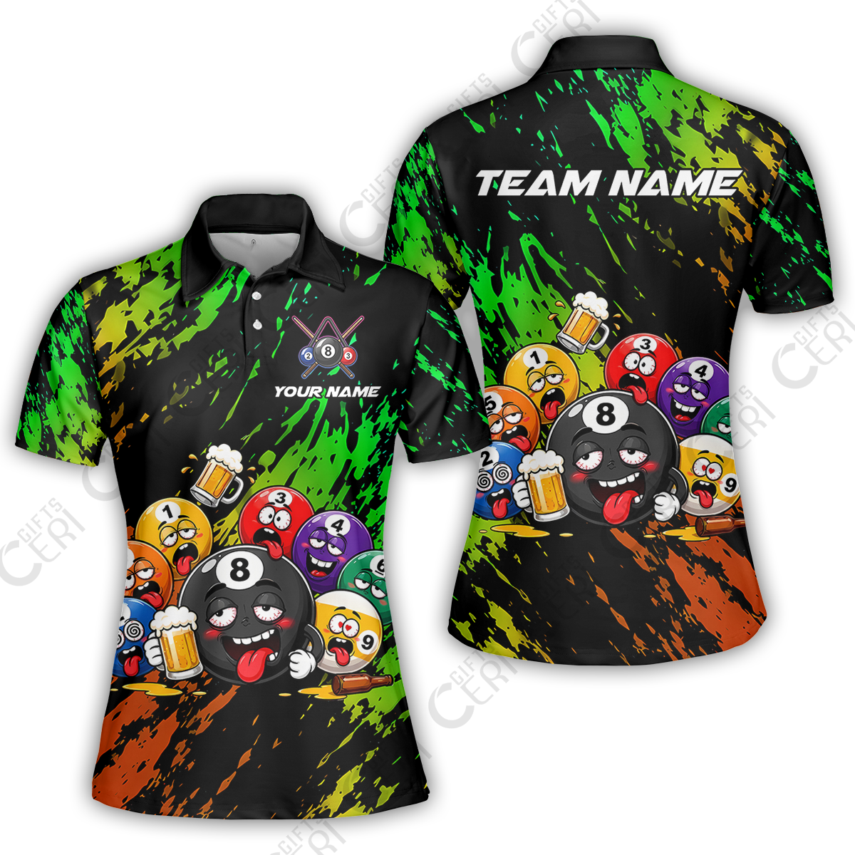 Customized 8 And 9 Ball Pool Women Polo Shirt Drunk 8 Ball Holding Beer Billiard Jerseys Custom Name And Team Name