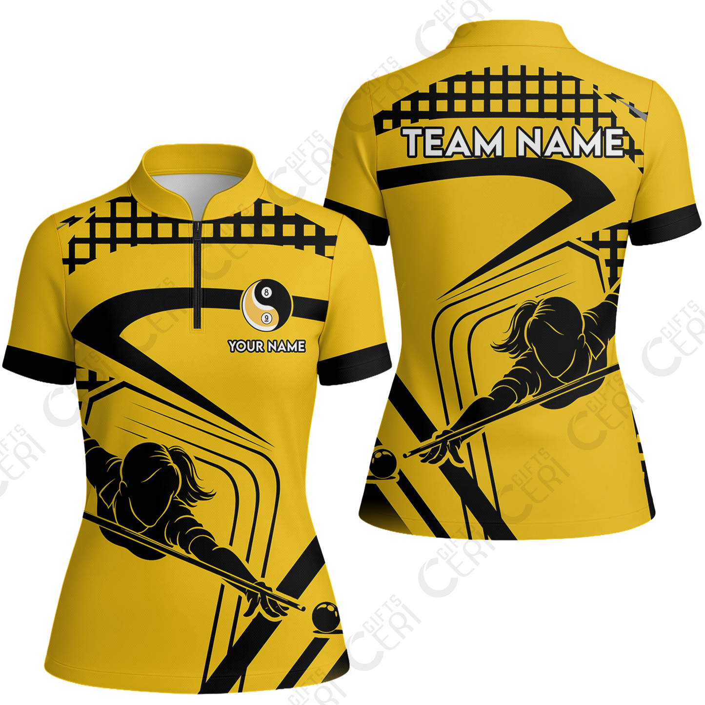 Customized Billiards Stand Collar Quarter Zip Short Sleeve Women's Shirt, Personalized Yellow Slash Yin Yang 8 9 Ball Jersey