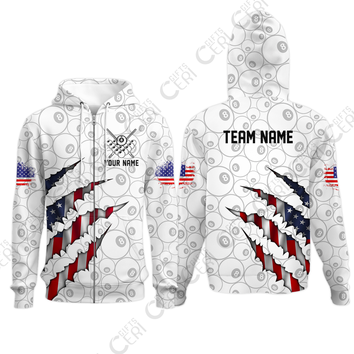 Customized Billiards Zip Hoodies, Personalized American Flag Scratch 8 Ball Jersey Gift For Billiard Players