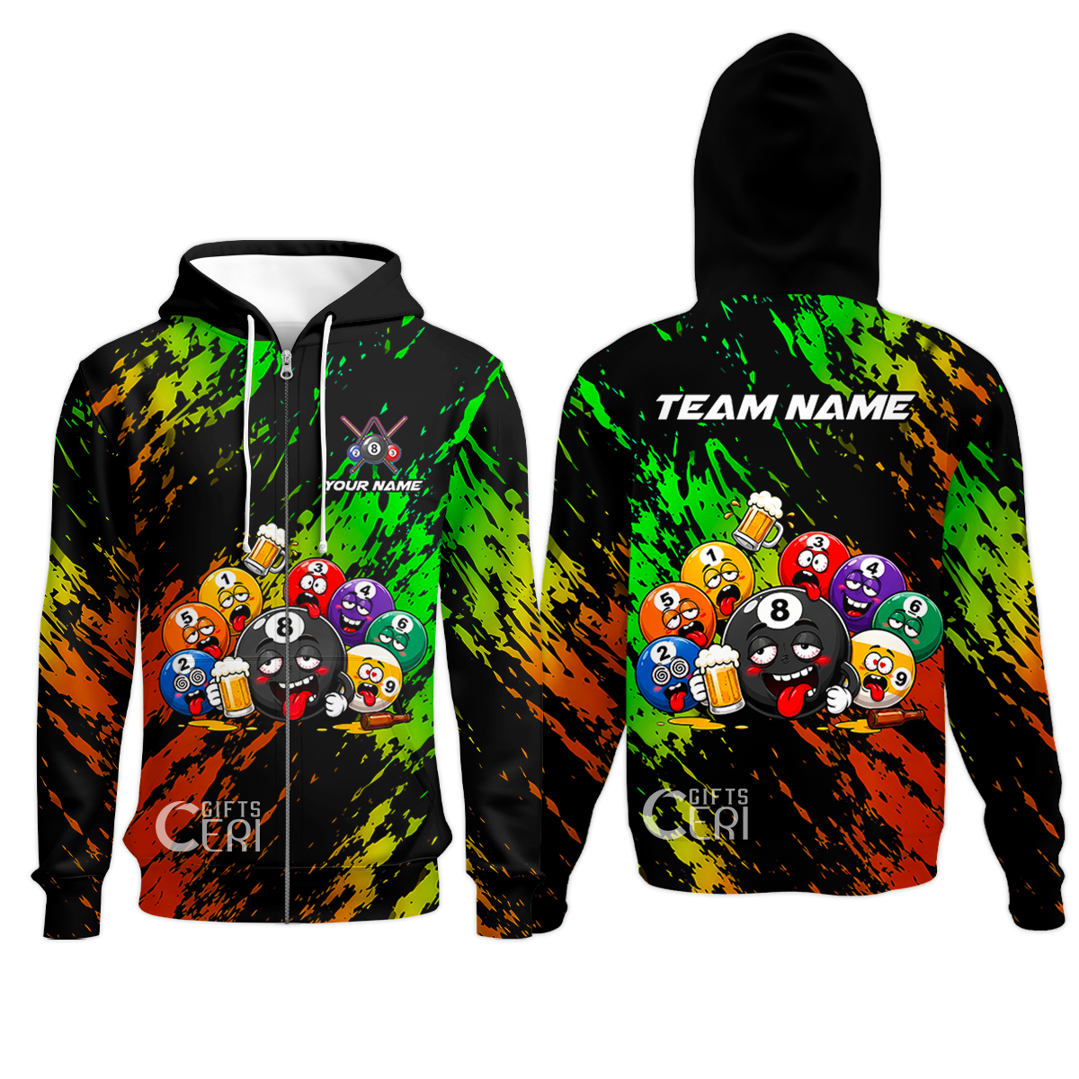 Customized 8 And 9 Ball Pool Zip Hoodie Drunk 8 Ball Holding Beer Billiard Jerseys Custom Name And Team Name