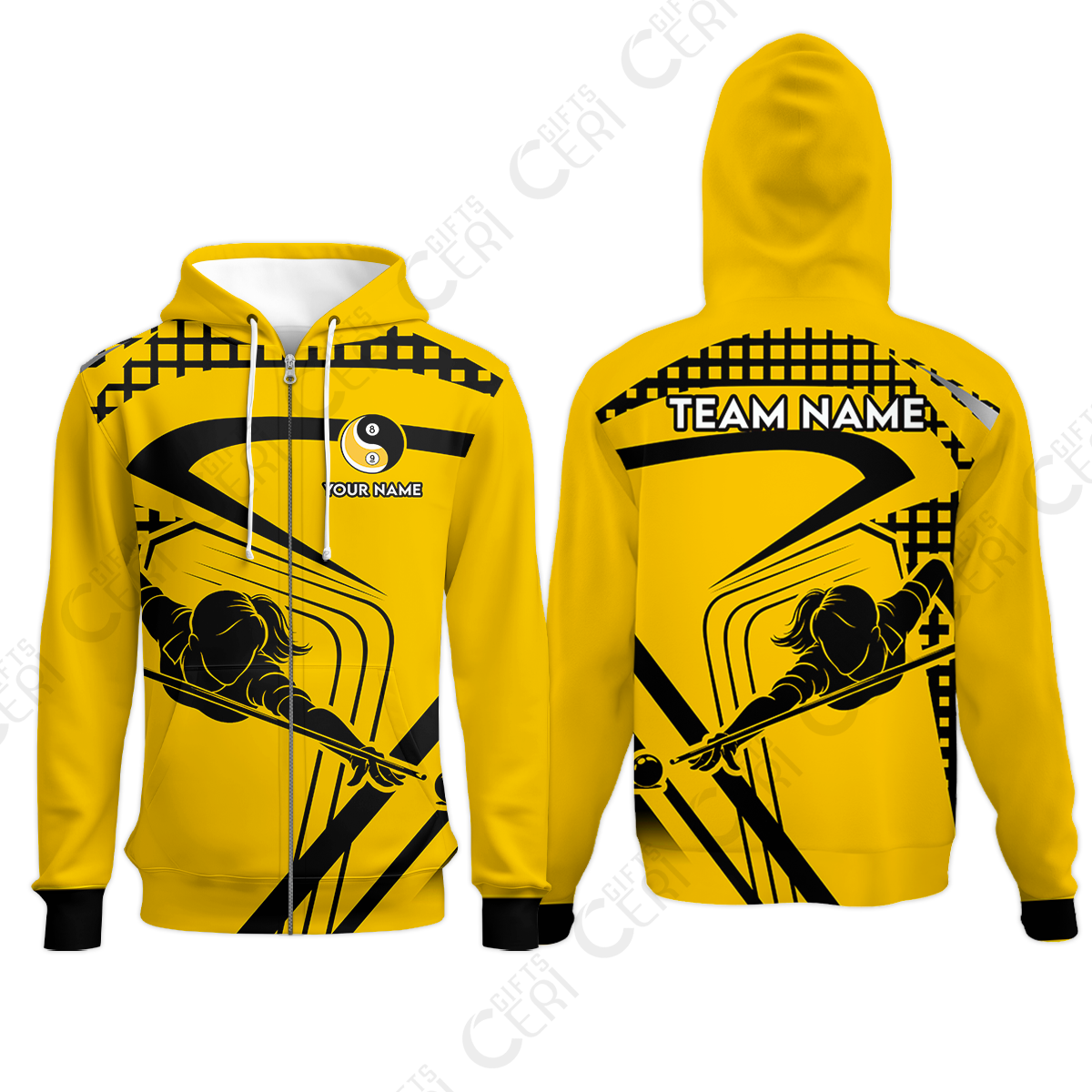 Customized Billiards Zip Hoodies, Personalized Yellow Slash Yin Yang 8 9 Ball Jersey Gift For Billiard Players