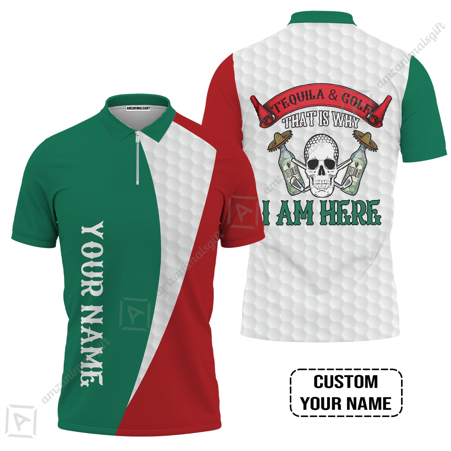 Golf Men Custom Name Polo Shirt, Tequila & Golf, Skull Golf Custom Polo Shirt, Personalized Golf Gift For Golfers - Best Gift For Men, Golfers