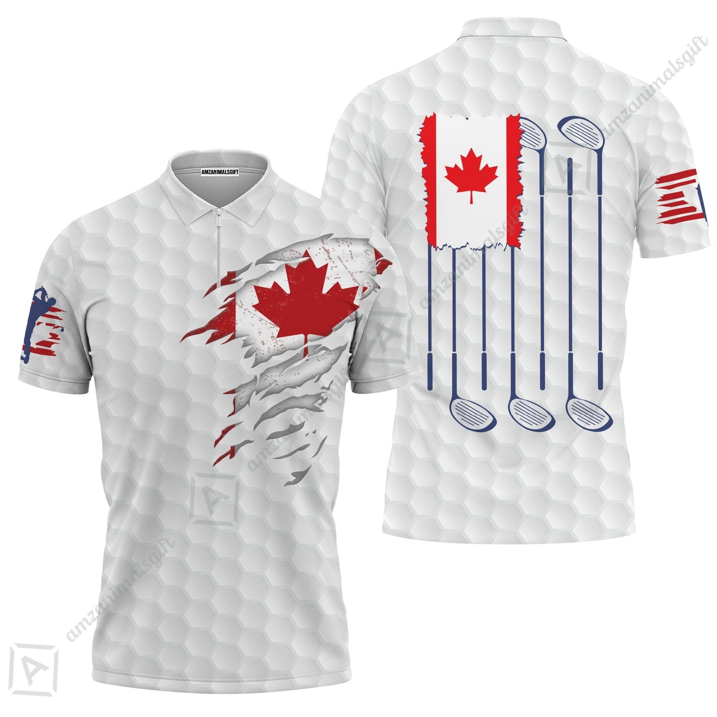 Golf Canada Flag Long Polo Shirt, Red Maple Leaf Golfing Shirt, Canadian Golf Long Polo Shirt