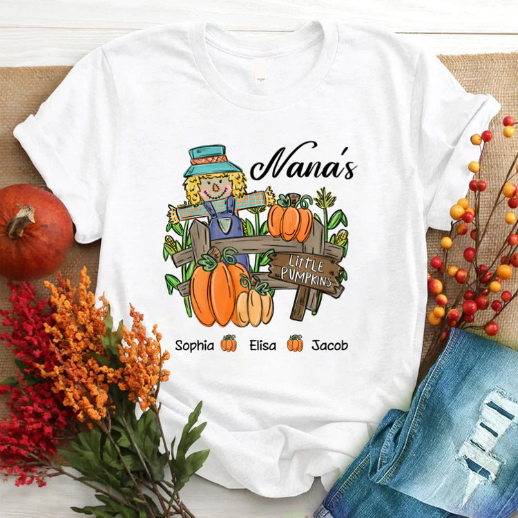 Nana with Kids custom name t-shirt, Mother's Day Shirt, Little Pumpkins Autumn Personalized Shirt - Perfect Gift For Nana, Mimi, Grandma