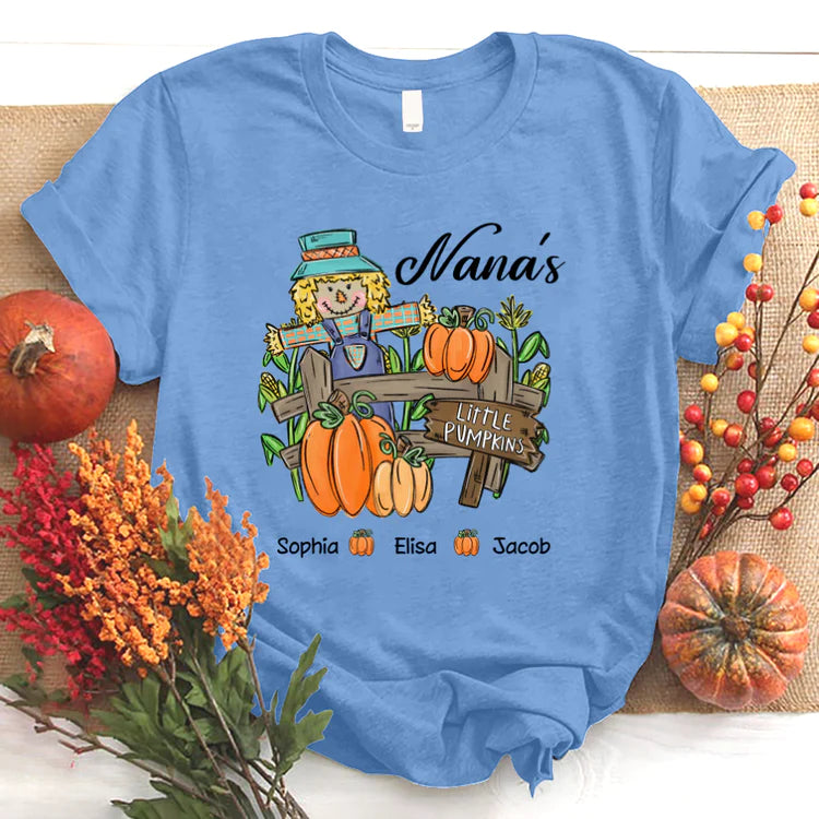 Nana with Kids custom name t-shirt, Mother's Day Shirt, Little Pumpkins Autumn Personalized Shirt - Perfect Gift For Nana, Mimi, Grandma