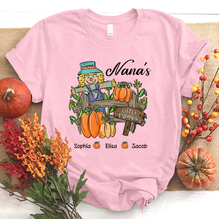 Nana with Kids custom name t-shirt, Mother's Day Shirt, Little Pumpkins Autumn Personalized Shirt - Perfect Gift For Nana, Mimi, Grandma