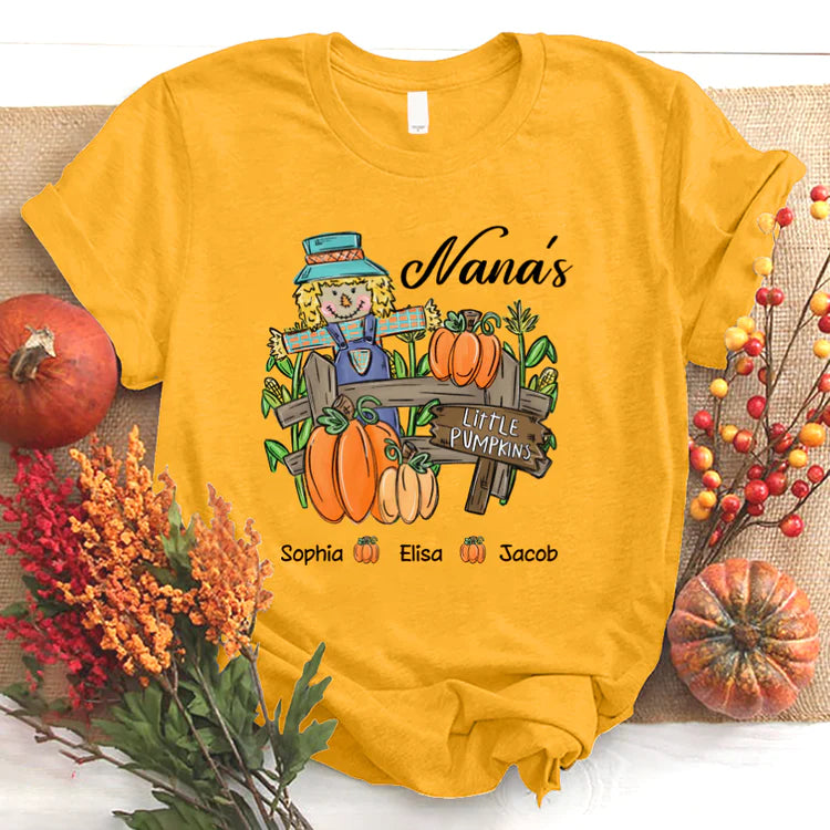 Nana with Kids custom name t-shirt, Mother's Day Shirt, Little Pumpkins Autumn Personalized Shirt - Perfect Gift For Nana, Mimi, Grandma