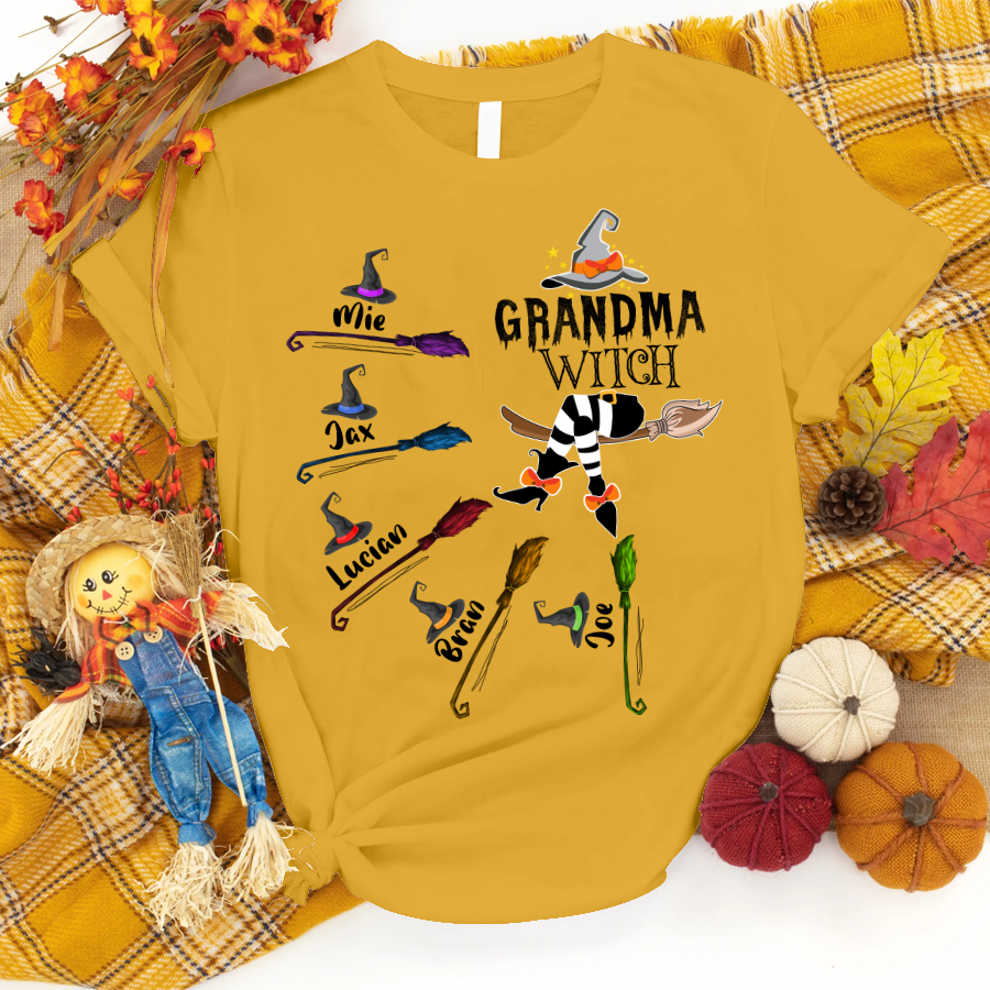 Grandma and Kids Custom Name T-shirt, Grandma Witch And Broom Kids Personalized Shirt - Perfect Gift For Gigi, Nana, Mimi, Grandma