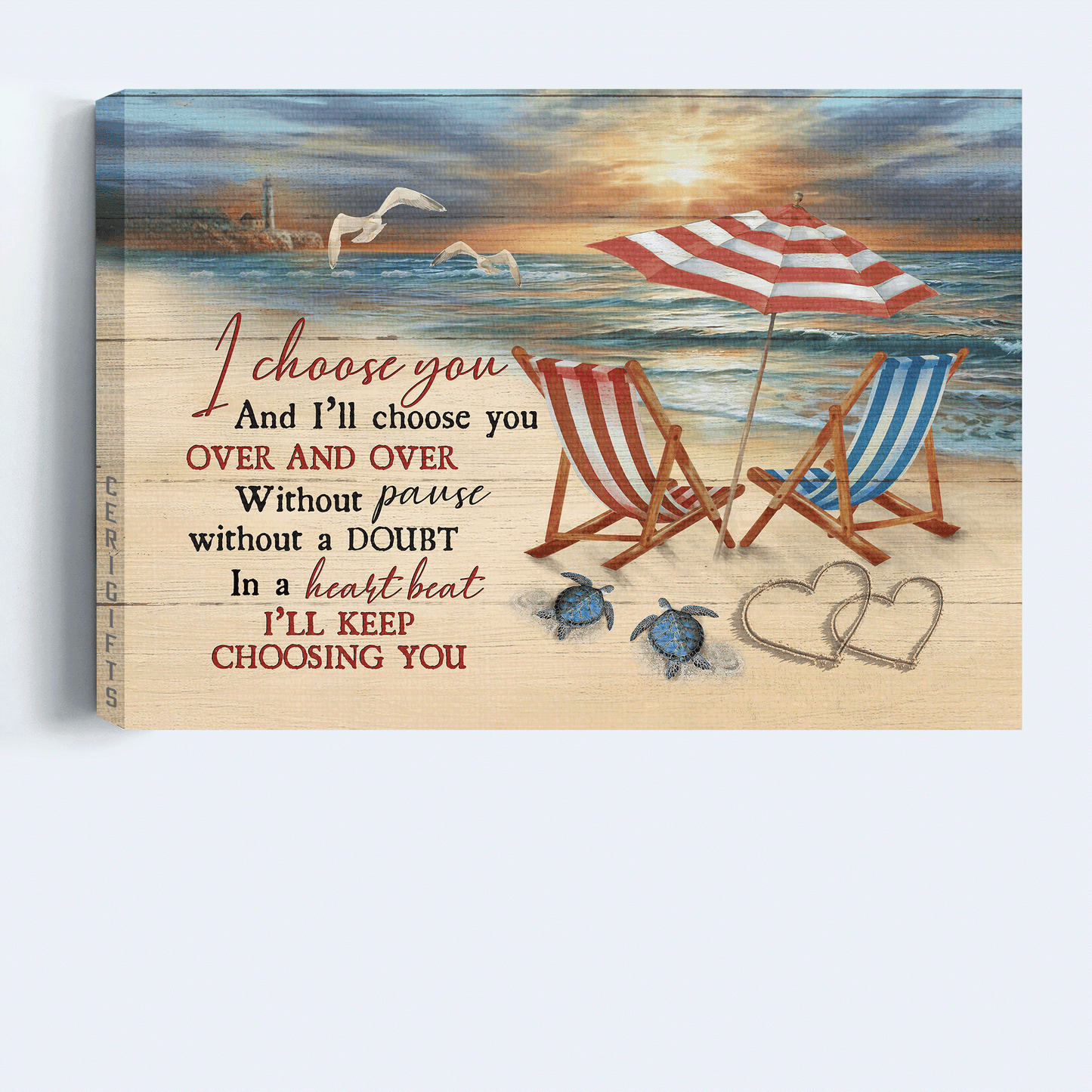 Family Landscape Canvas- Beach Scene, Beach Chairs, Sea Turtle, Heart Shape, Seagull Canvas- Gift For Members Family- I Choose You