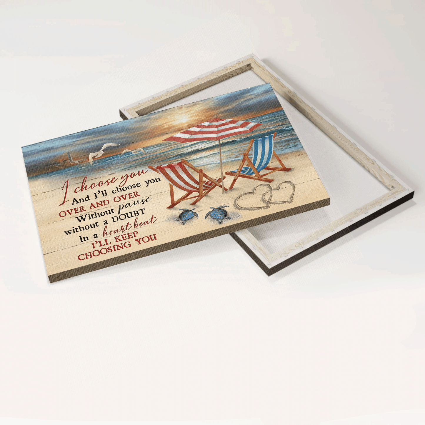 Family Landscape Canvas- Beach Scene, Beach Chairs, Sea Turtle, Heart Shape, Seagull Canvas- Gift For Members Family- I Choose You