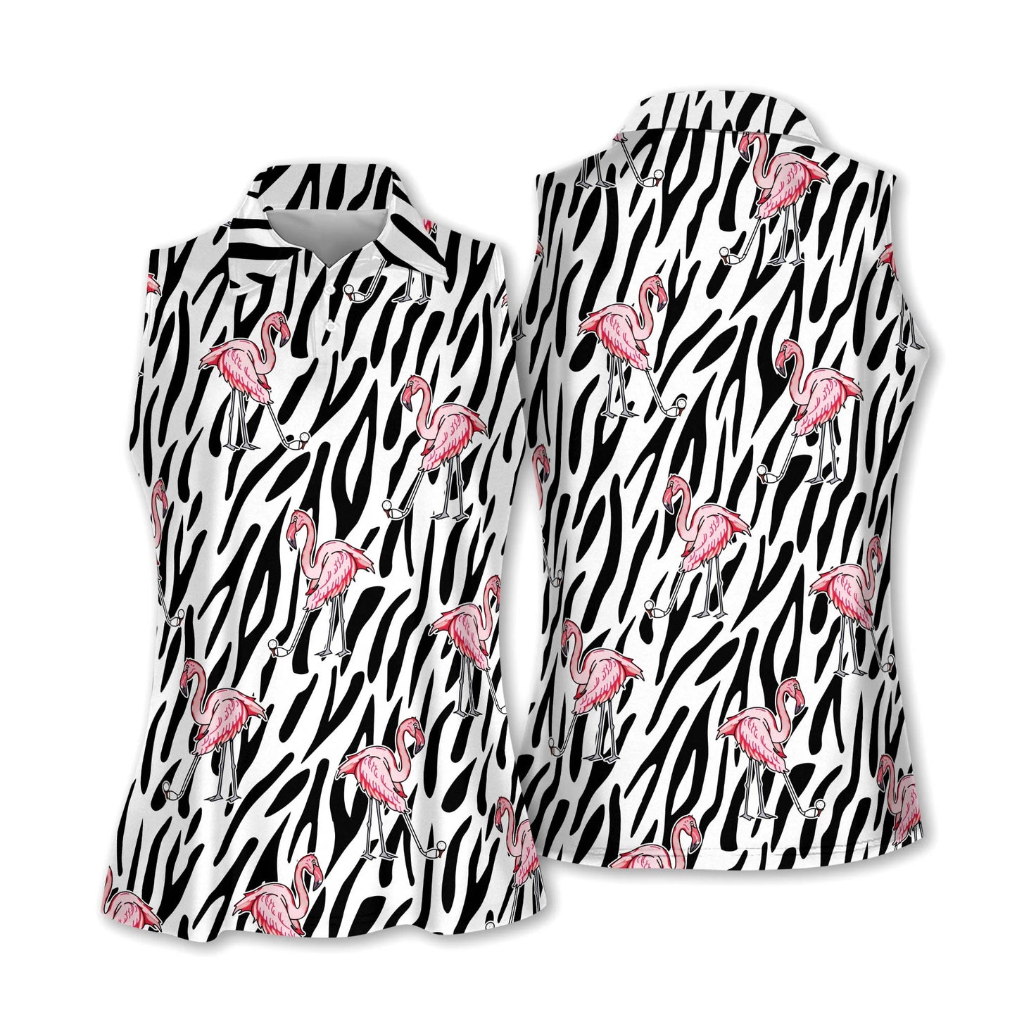 Golf Women Sleeveless Polo Shirt, Seamless Flamingo Zebra Background Short Sleeve Polo Shirt - Gift Sport For Mother's Day, Golfers