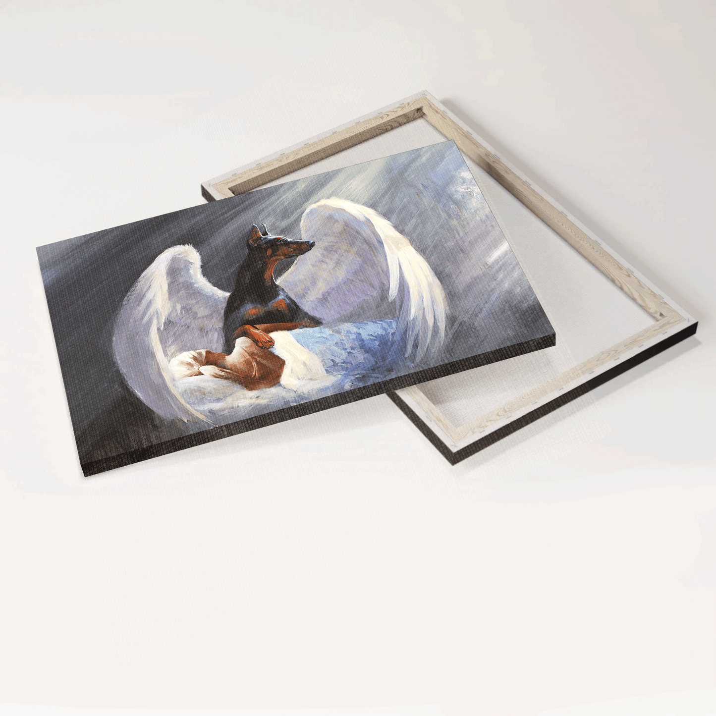 Doberman Landscape Canvas- Black Doberman painting, White wings, Beautiful dream- Gift for Dog lover- Landscape Canvas Prints, Wall Art