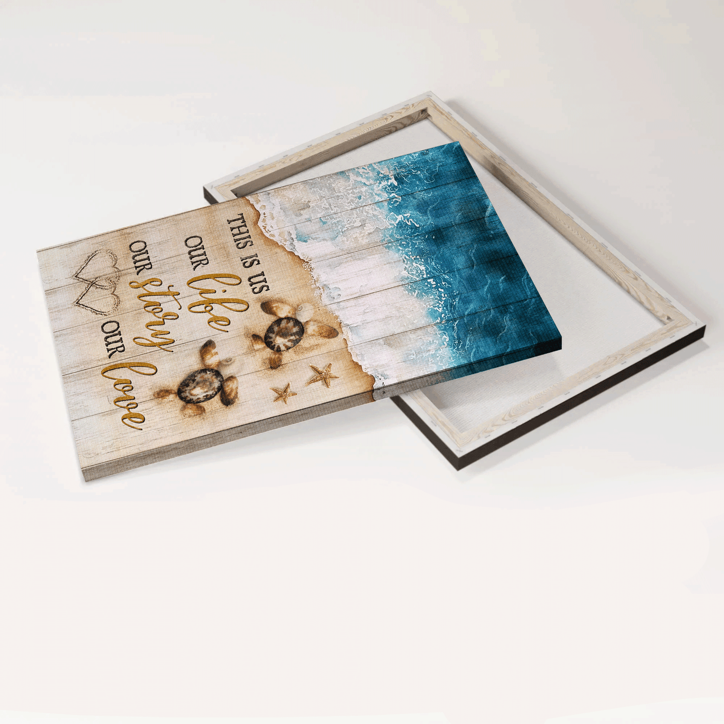 Family Portrait Canvas- Blue beach, Baby turtle, Seashell art canvas- Gift for family- This is us - Portrait Canvas Prints, Wall Art