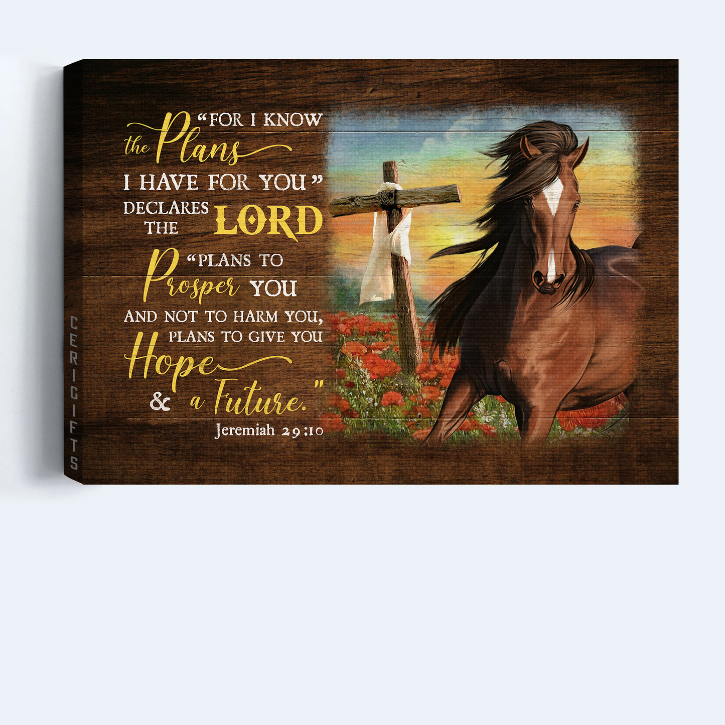 Jesus Landscape Canvas- Horse, Flower field, Wooden Cross canvas- Gift for Christian- For I know the plans I have for you - Landscape Canvas Prints, Wall Art