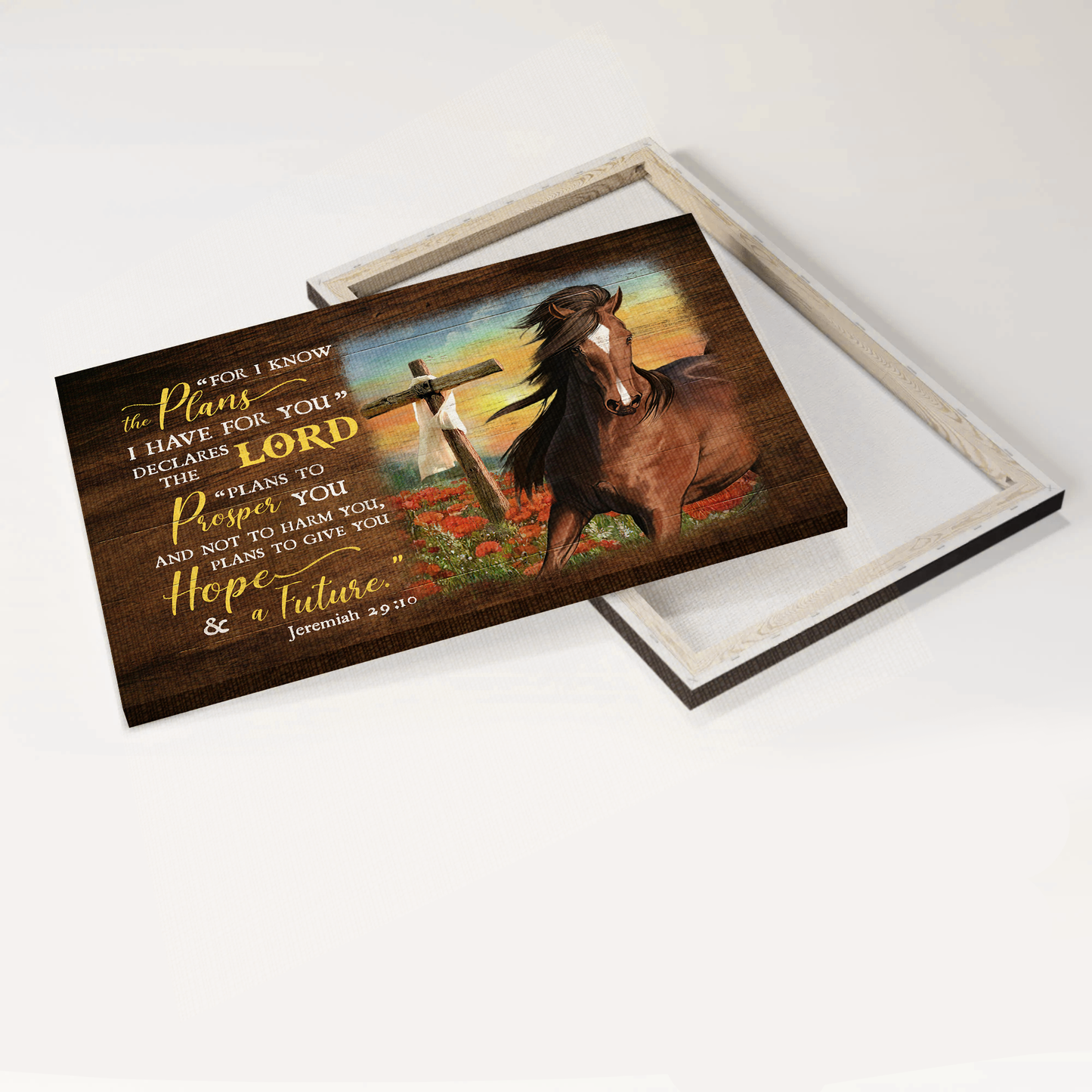 Jesus Landscape Canvas- Horse, Flower field, Wooden Cross canvas- Gift for Christian- For I know the plans I have for you - Landscape Canvas Prints, Wall Art